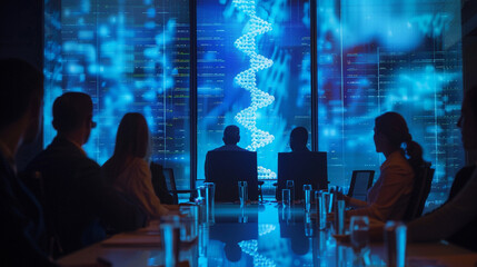 A think tank in a dimly lit conference room, using a grand screen to delve into the depths of DNA structures and their phenotypic implications, Group of business professionals, DNA