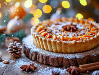 A festive pumpkin pie on a wooden table decorated with pine cones and Christmas lights, evoking warmth.
