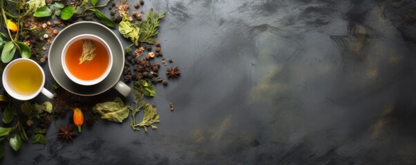 Cup of hot tea and tea leaves on dark luxury stone background, banner. Generative Ai. - obrazy, fototapety, plakaty