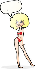 cartoon woman in bikini with speech bubble