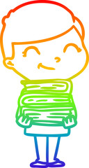 rainbow gradient line drawing cartoon boy with books smiling
