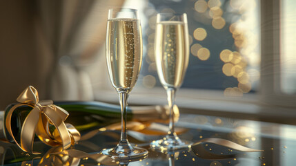 Two glasses of champagne and a bottle tied with a gold ribbon lay on the table - obrazy, fototapety, plakaty