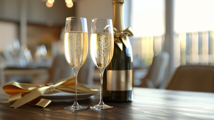 Two glasses of champagne and a bottle tied with a gold ribbon lay on the table