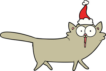 line drawing of a cat wearing santa hat