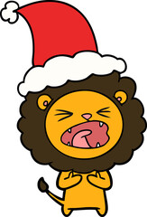 line drawing of a lion wearing santa hat