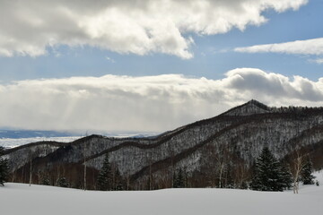 Fototapeta na wymiar Snow landscape in Hokkaido hills near Biei Japan Nature beauty