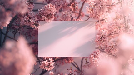 White rectangular banner with cherry blossoms around