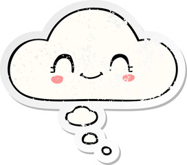 cute cartoon face and thought bubble as a distressed worn sticker