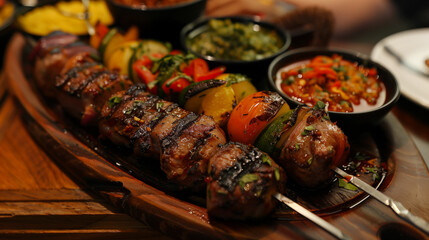 Freshly cooked kebabs with crispy crusted vegetables and herbs on a plate