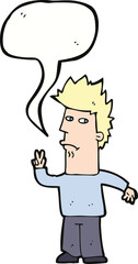 cartoon man giving peace sign with speech bubble