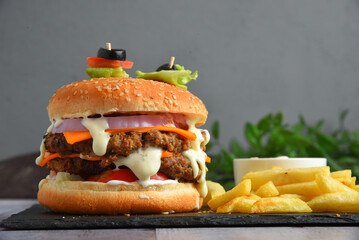 Grilled chicken burger with fries and sauces