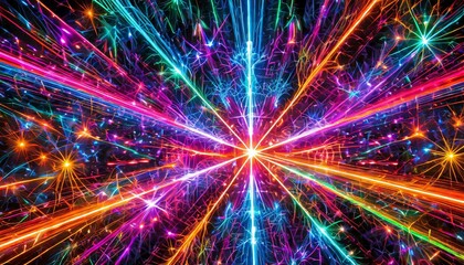 Fototapeta premium A vibrant pattern featuring bursts of neon lights and glowing rays, creating a dazzling