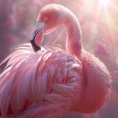 Majestic close-up of a pink flamingo with detailed feathers under a sunbeam