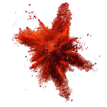 Intense explosion of ground chilli peppers, paprika and red spice powder. Red dust or paint splashes on transparent background.