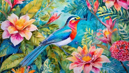 Obraz premium A vibrant print featuring tropical birds and exotic flowers in bold and vivid colors