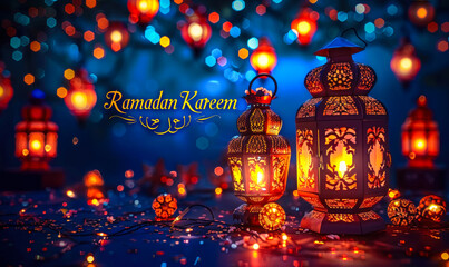 Ramadan Kareem greeting with a beautiful display of traditional lanterns, twinkling lights, and festive decorations celebrating the holy month of fasting