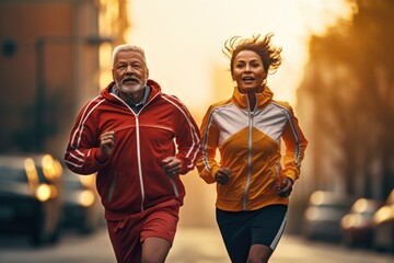 Fototapeta premium elderly couple dressed in tracksuits running with morning light