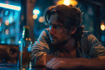 Fototapeta premium Drunk man sitting at a table holding his head with his hand next to an unfinished bottle and glass, alcoholism binge drinking