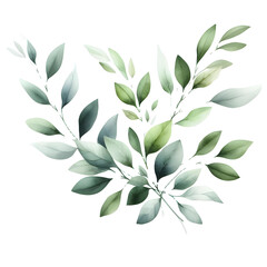 a cluster of green and blue leaves in various shapes and sizes, painted in a watercolor style on a light gray background. The soft colors and textures create a calming and peaceful scene.