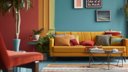 A living room with blue walls and yellow furniture