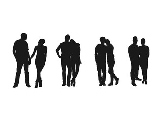 Couple vector silhouette. Hugging people. Man and Woman standing silhouette. People silhouettes vector set. men and a woman, a couple standing people, black color isolated on white background.