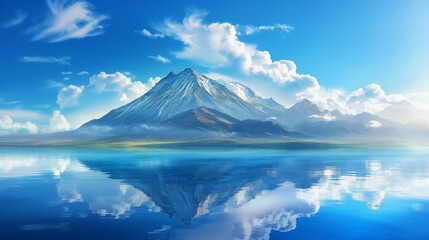 Majestic mountain rising above a tranquil water surface, under the vast expanse of a cloudless blue sky. - obrazy, fototapety, plakaty