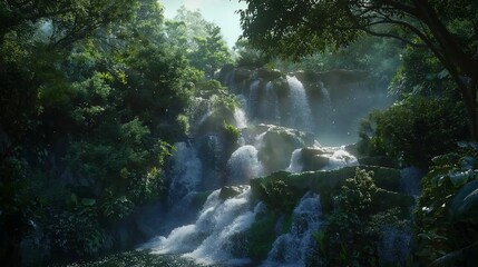 Majestic waterfall cascading down a lush, untouched forest.