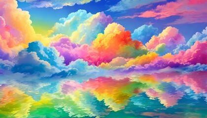 A whimsical pattern depicting fluffy clouds in pastel rainbow colors, creating a cheerful an.jpg,...
