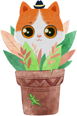 Cute Cat in a Hat in a Flower Pot. Houseplant and Kitten with big eyes. Children character design on isolated background. Watercolor Illustration for card, print on t-shirt, bag, notebook.
