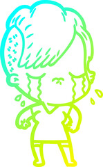 cold gradient line drawing cartoon crying girl