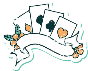 distressed sticker tattoo style icon of cards and banner with flowers