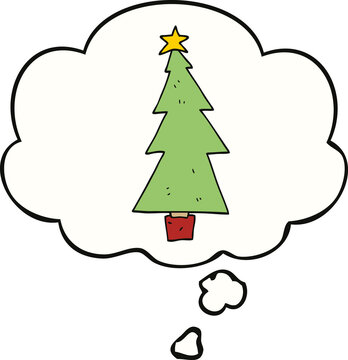 cartoon christmas tree and thought bubble