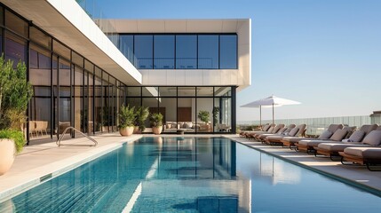 Midday splendor unfolds in a snapshot of a pristine pool, flanked by modern architecture and complemented by a stylish poolside lounge