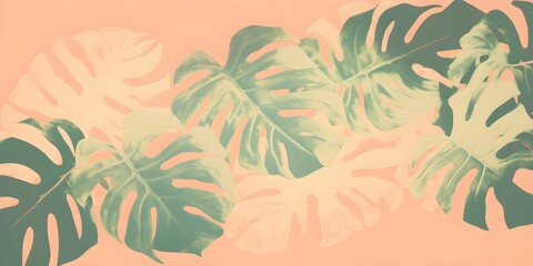 Tropic jungle leaves pastel cartoon background in unexpected colors with  monstera leaf - abstract illustration  for card, wall art, banner, web, poster backdrop decoration