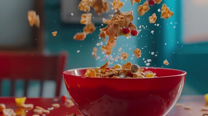 Commercial Photography: Colorful Cereals Flying Above Bowl.