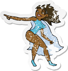 retro distressed sticker of a cartoon superhero woman pointing