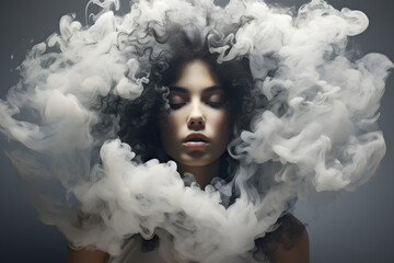 Woman’s head covered with cloud or smoke. Mental health, psychological treatment concept