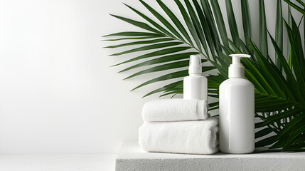Fototapeta na wymiar White cosmetic bottles with spa element and towel with palm leaf on white background. Blank label for branding mock-up. generative ai