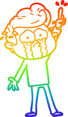 rainbow gradient line drawing cartoon crying man trying to ask a question