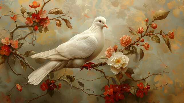White dove on branch with flowers. generative ai