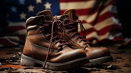 Old military combat boots on a wooden table with the American flag background