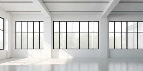 White room. white vacant building floor with black window frames and glass partition wall . A vacant tenant space for small office, schools restaurants.