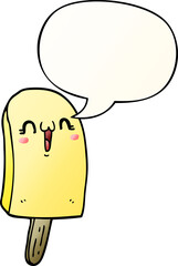 cartoon frozen ice lolly and speech bubble in smooth gradient style