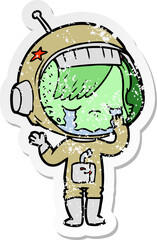 distressed sticker of a cartoon crying astronaut girl