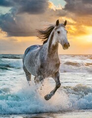 grey horse galloping through waves on the beach
