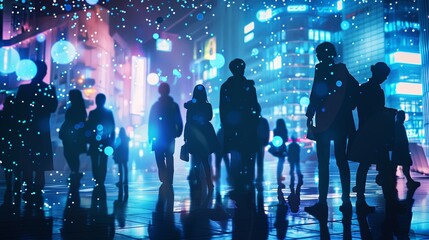 Fototapeta na wymiar Busy modern futuristic city street with many people walking amid neon city lights in the evening, against a cyberspace-themed wallpaper background. AI Generative