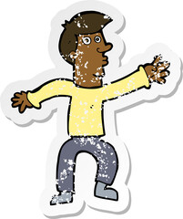 retro distressed sticker of a cartoon reaching man