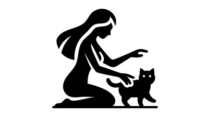 Woman with cat or kitten. outline vector design illustration on white background