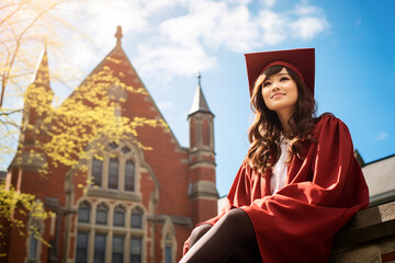 A proud graduate woman in front of the historic university building on a sunny day, celebrating academic achievement in cap and gown.
