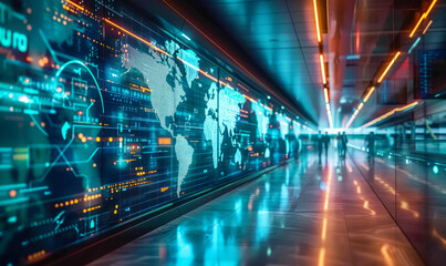 Futuristic airport corridor with interactive world map display, highlighting global travel and connectivity in the digital information age - obrazy, fototapety, plakaty
